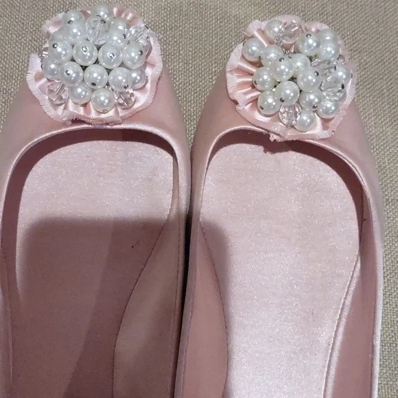 Kate Spade Pink Satin Embellished Women's Ballet Flats With Pearls, 9m - Picture 3 of 10